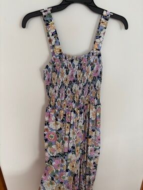 Floral Smocked Long Romper in Lavender, Yellow & Navy